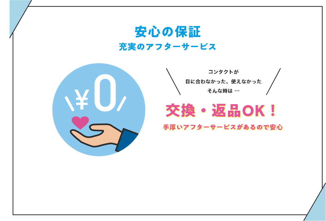 安心の保証 充実のアフターサービス コンタクトが目に合わなかった、使えなかったそんな時は ... 交換・返品OK! 手厚いアフターサービスがあるので安心