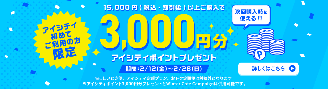 アイシティ初めてご利用の方限定 15,000円(税込・割引後)以上ご購入で3,000円分アイシティポイントプレゼント 次回購入時に使える!!